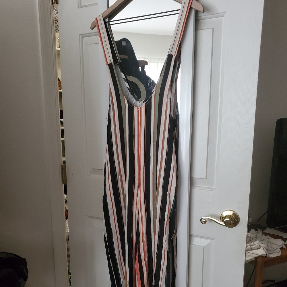 Vertical stripe wide leg overall/jumpsuit